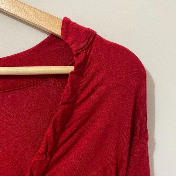 Y2K Red Longsleeve T-Shirt with Plunging V-Neck, Ruching, Gathered, Stretch Euro - Picture 6 of 10